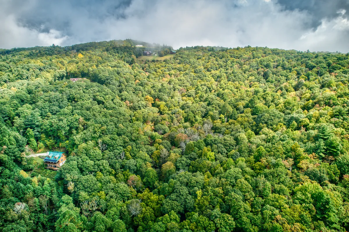 An aerial perspective of a mountain home nestled amid dense forest, with the vast acreage and mountain backdrop clearly visible. The view showcases the property's secluded setting and the vast outdoor space available for exploration.