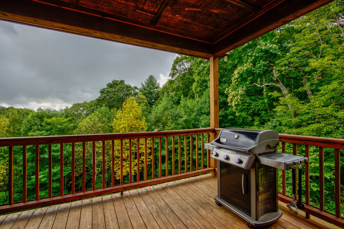 This shot focuses on an exterior deck with a propane grill and wooden railings, nestled in lush greenery. The grill is the centerpiece, and the surrounding forest creates a private, peaceful backdrop—suggesting a space perfect for outdoor meals and casual hosting.