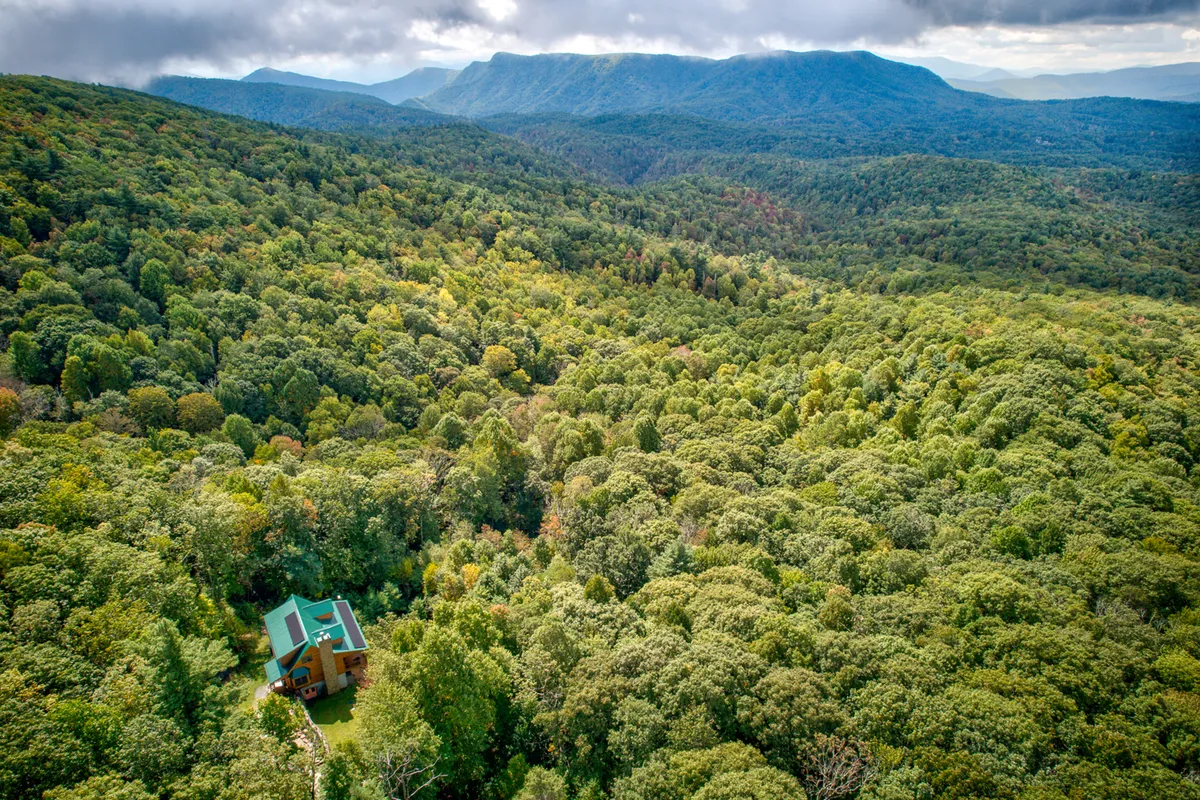 This exterior image showcases the house nestled among a lush surrounding forest, with a mountain backdrop visible in the distance. The property’s natural landscape stretches out, suggesting ample space for walking and outdoor exploration.